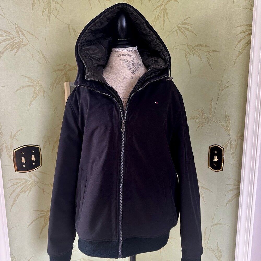 TOMMY HILFIGER MEN'S LINED HOODED COAT BOMBER JACKET:PRE-OWNED  SIZE L  BLACK